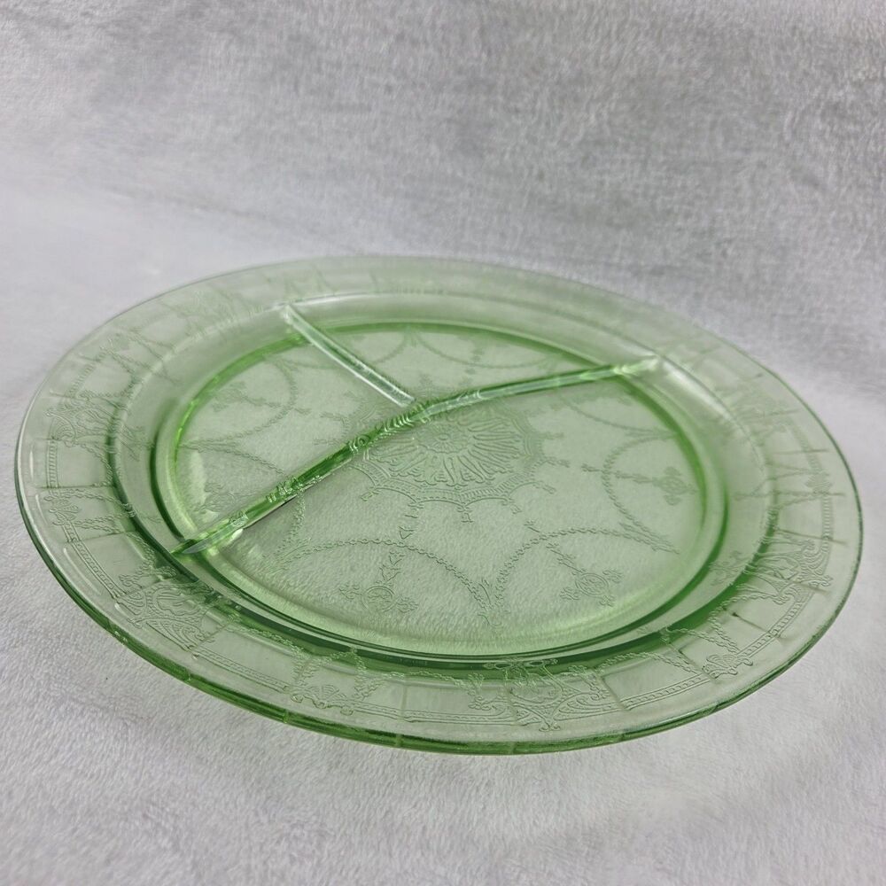 Uranium Glass Divided Plate Ballerina Cameo Dancing Girl Green Platter GLOWS